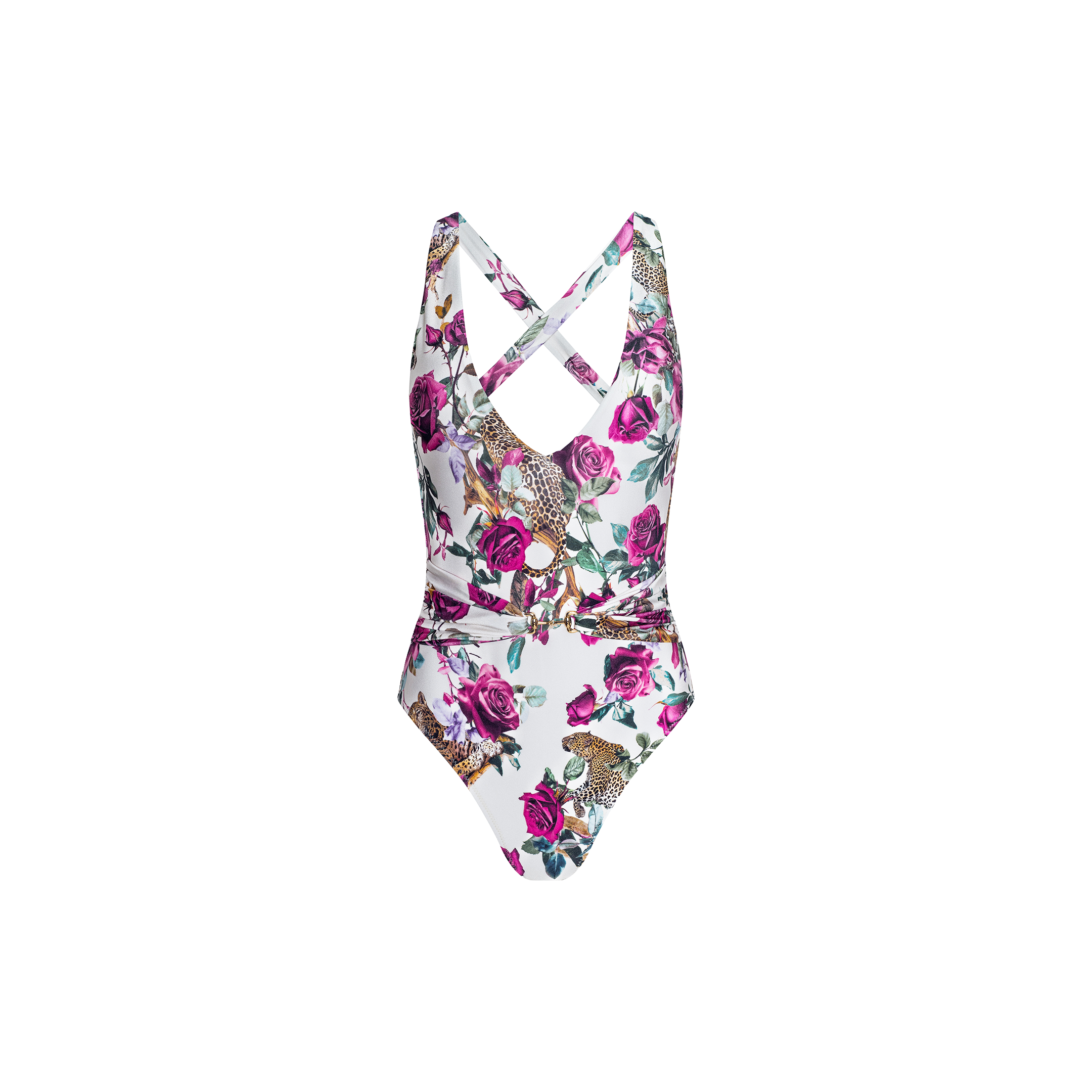Introducing the Lisa Plunge One-Piece Swimsuit, showcasing a rose leopard print on a white background with pink roses, green leaves, and leopard illustrations. Designed with crisscross straps at the chest and a plunging neckline for a chic, stylish look.