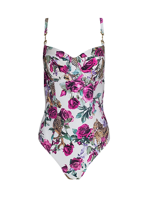 The Amie Bandeau One-Piece Swimsuit features a vibrant leopard jungle print with pink and purple roses, green leaves, and leopards on a white background. Adjustable straps, gold hardware, and built-in UPF 50 sun protection complete the look.