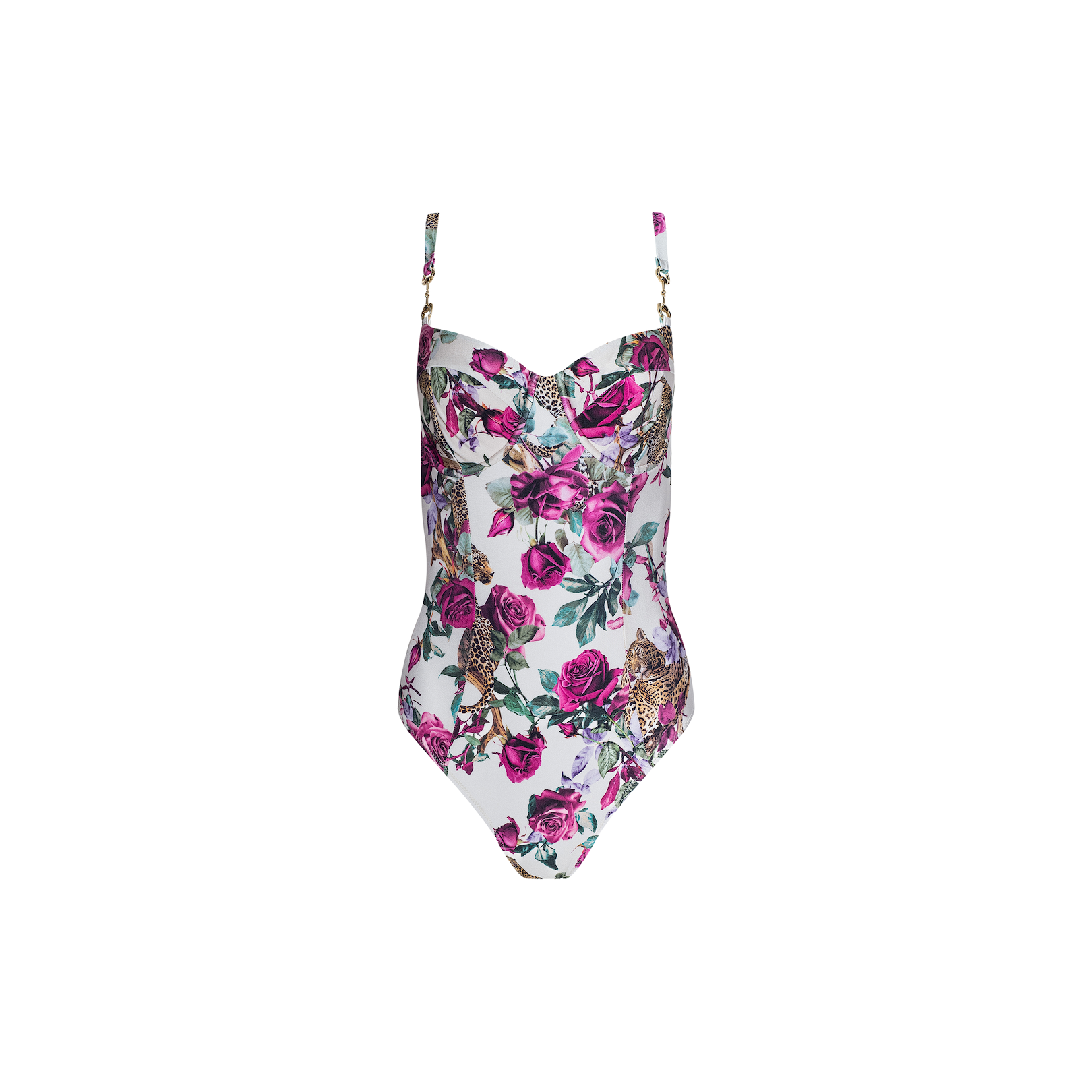 The Amie Bandeau One-Piece Swimsuit showcases a striking leopard jungle print with pink roses and leopards on a white background. Designed with adjustable shoulder straps adorned with gold hardware for an elegant touch, this swimsuit also provides UPF 50 sun protection for both style and safety.
