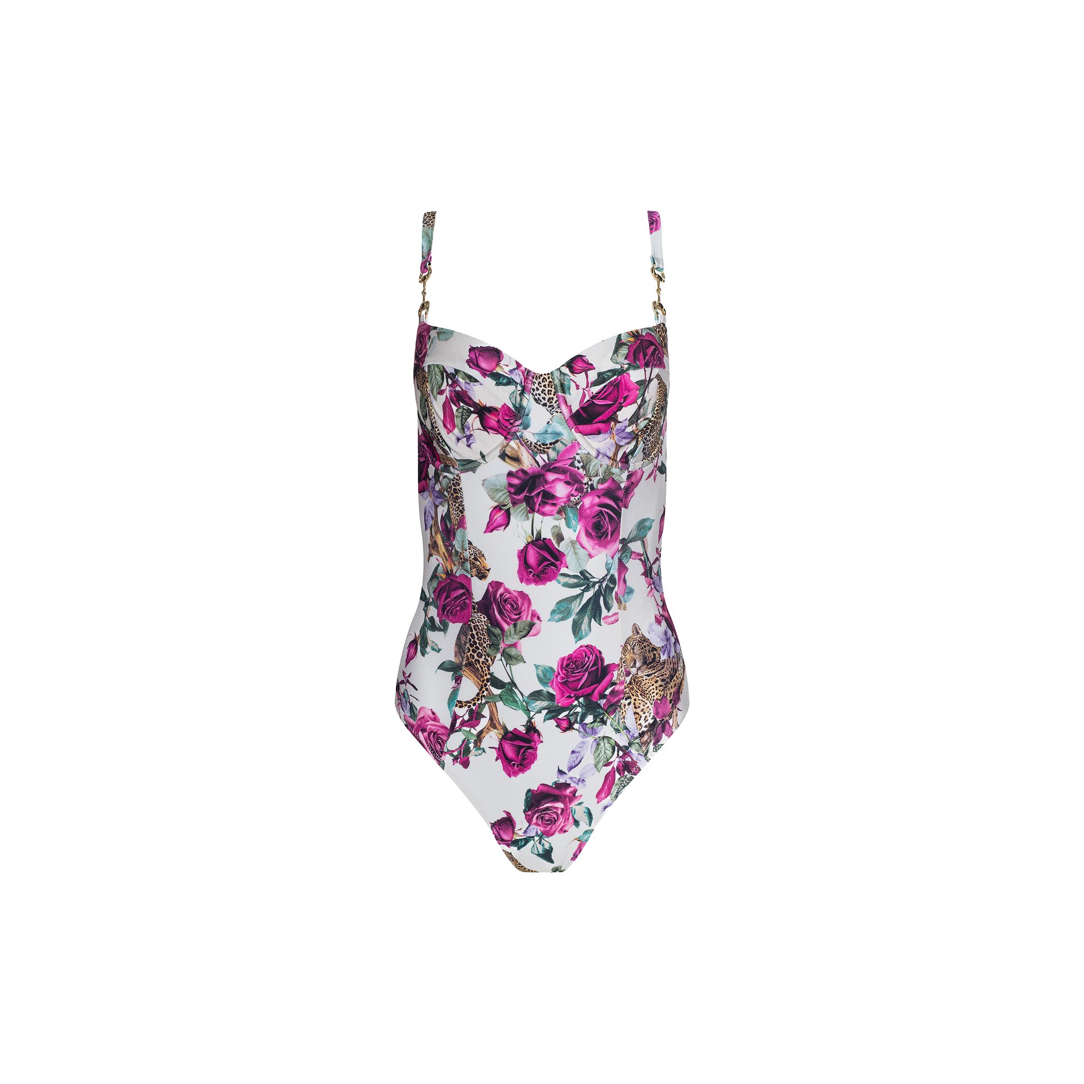 The Amie Bandeau One-Piece Swimsuit features adjustable shoulder straps and a vibrant floral and leopard print in pink, purple, and green on a white background. Designed as UPF 50 swimwear, this stylish one-piece offers excellent sun protection while showcasing a striking leopard print pattern.