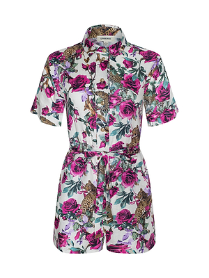 The Hestia Cover-Up Romper is a short-sleeve linen romper with a collar and belt, featuring a vibrant print of pink roses, green leaves, and leopards on a white background.
