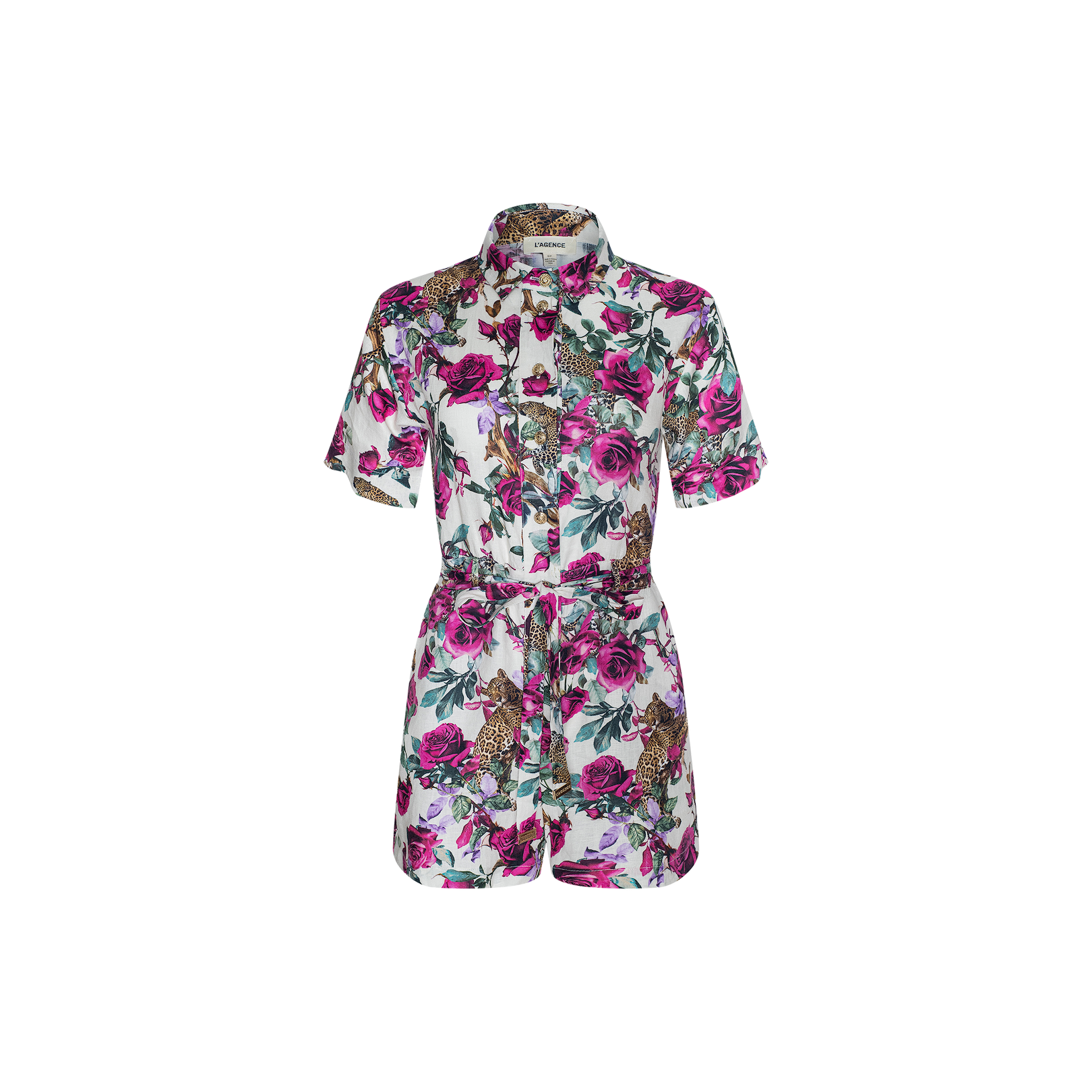 The Hestia Cover-Up Romper is a short-sleeve one-piece featuring a vibrant floral and leopard print, designed with a button-up front, collared neckline, and adjustable waist tie. Shown here on a plain white background.