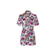 The Hestia Cover-Up Romper is a short-sleeve one-piece featuring a vibrant floral and leopard print, designed with a button-up front, collared neckline, and adjustable waist tie. Shown here on a plain white background.