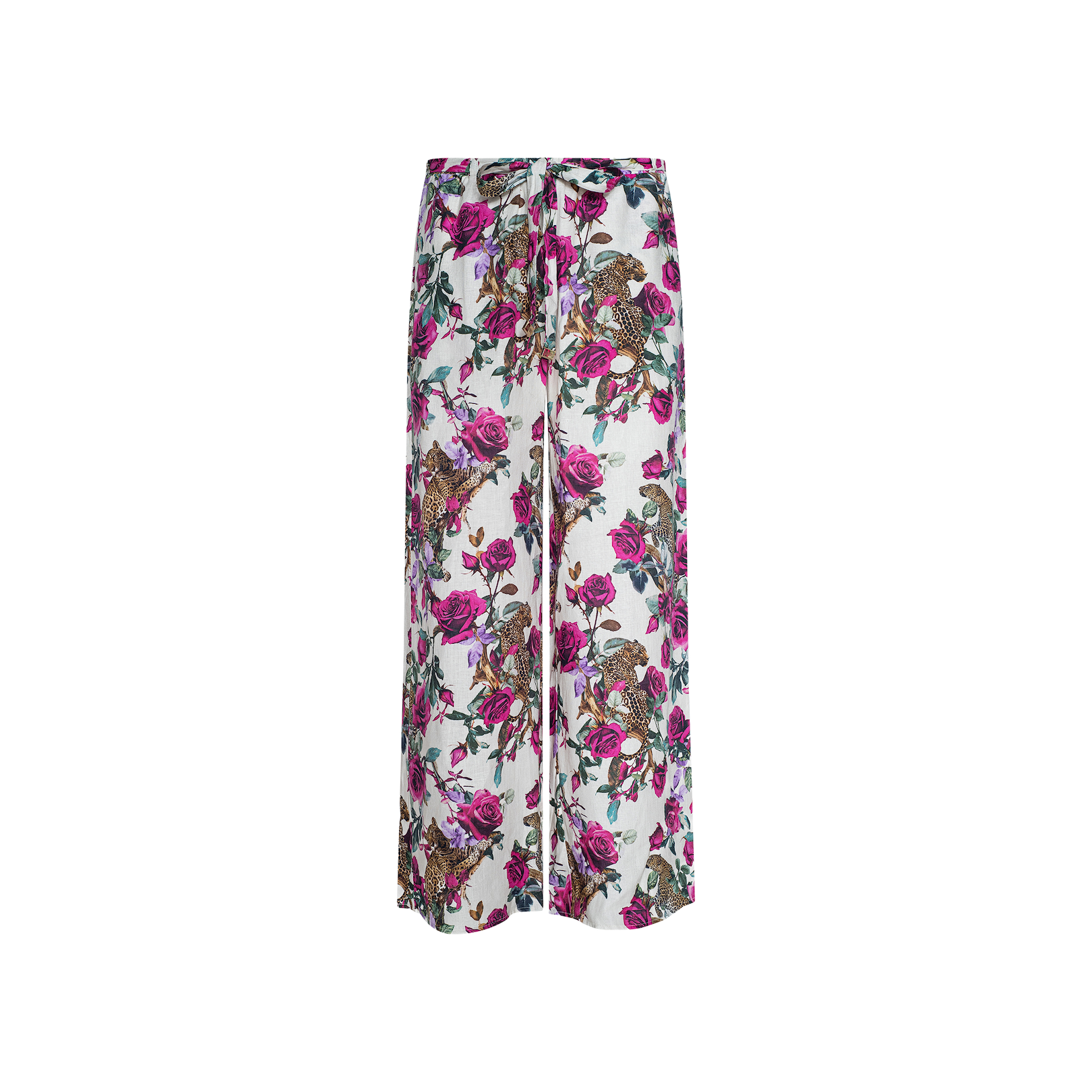 Geraldine Cover-Up Pant: Wide-leg linen resort pants with a white base, adorned with a vibrant rose leopard print and colorful floral accents in shades of pink, purple, green, and brown.
