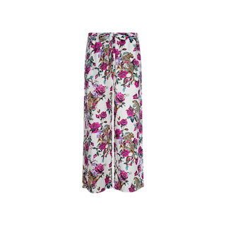 Introducing the Geraldine Cover-Up Pant: wide-leg linen resort pants with a white base, adorned in a vibrant rose leopard print featuring pink, purple, and green hues. These pants offer a loose fit and an elastic tie waist for ultimate comfort.
