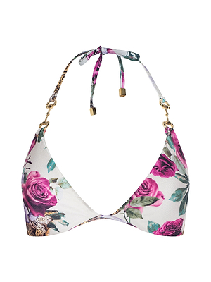The Annabelle Triangle Bikini Top features pink and purple roses with green leaves on white fabric, gold hardware, a halter neck tie, adjustable back, and a classic triangle silhouette.