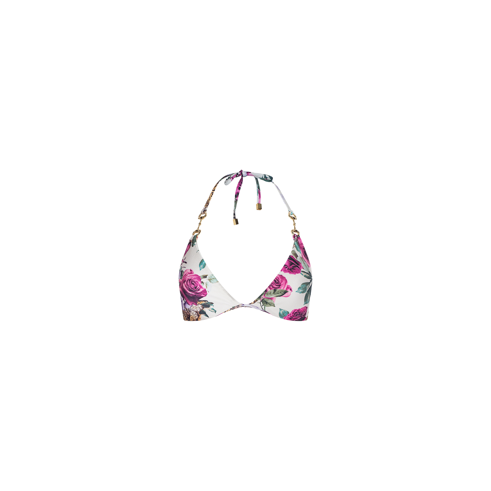 The Annabelle Triangle Bikini Top is adorned with pink rose and green leaf prints in a classic triangle silhouette, featuring gold hardware and adjustable halter neck and back ties for a customizable fit, shown against a plain white background.