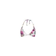 The Annabelle Triangle Bikini Top showcases a classic triangle silhouette with a floral print of pink and purple roses, featuring a halter neck tie and gold accents, displayed on a white background.