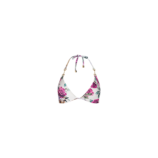 The Annabelle Triangle Bikini Top is adorned with pink rose and green leaf prints in a classic triangle silhouette, featuring gold hardware and adjustable halter neck and back ties for a customizable fit, shown against a plain white background.