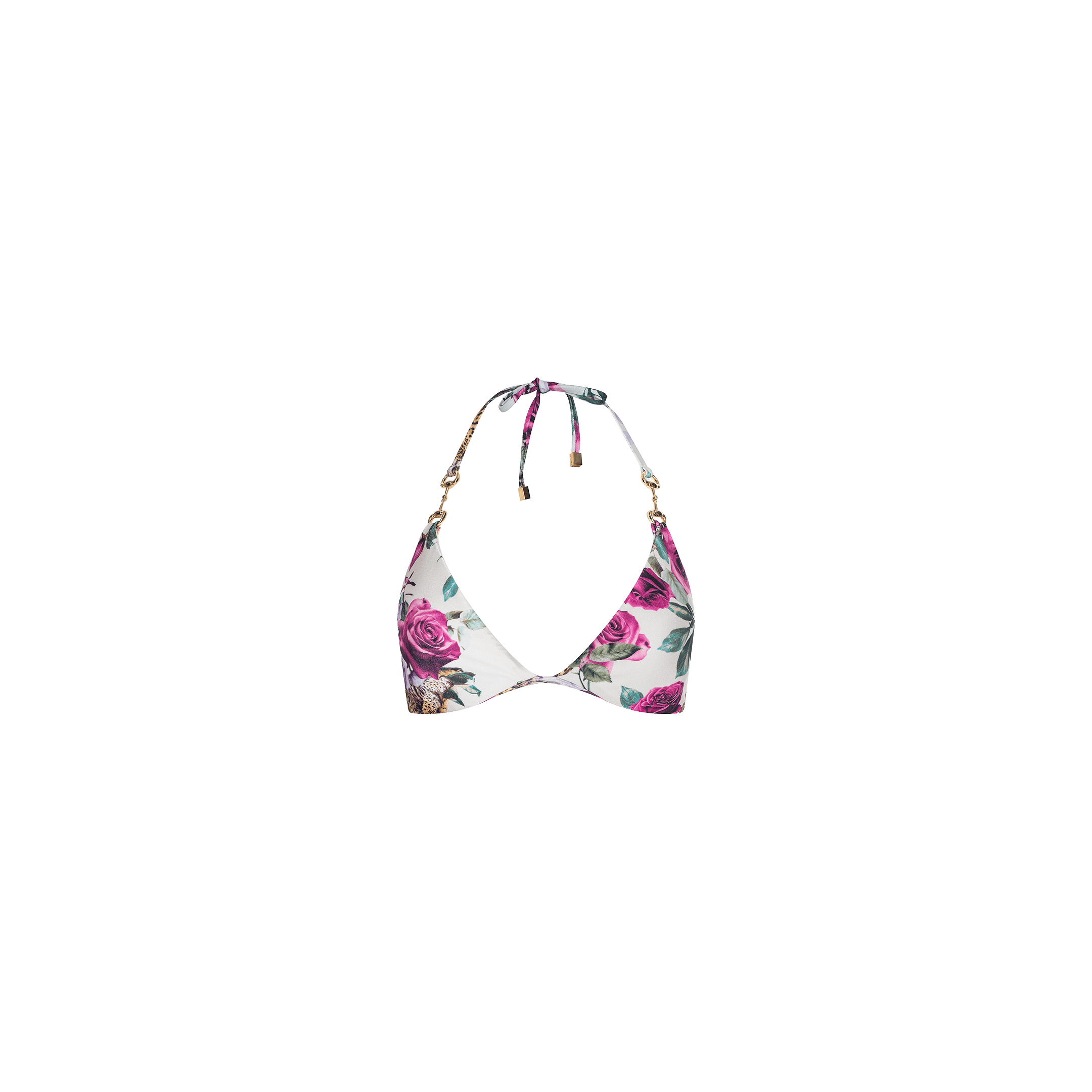 The Annabelle Triangle Bikini Top showcases a classic triangle silhouette with a floral print of pink and purple roses, featuring a halter neck tie and gold accents, displayed on a white background.