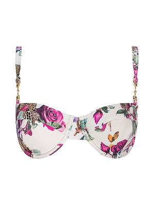 The Alexandria Bikini Top is a white balconette swim top with a colorful rose leopard print, gold hardware on adjustable straps, vibrant style, and UPF 50 sun protection.