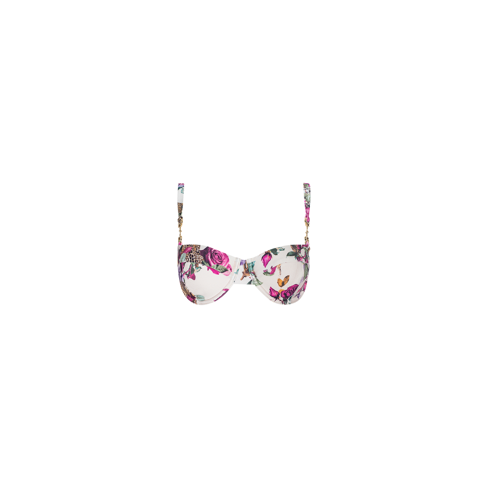 The Alexandria Bikini Top features a chic rose leopard print with pink and purple roses, green leaves, and adjustable straps, designed in a flattering underwire style against a crisp white background.