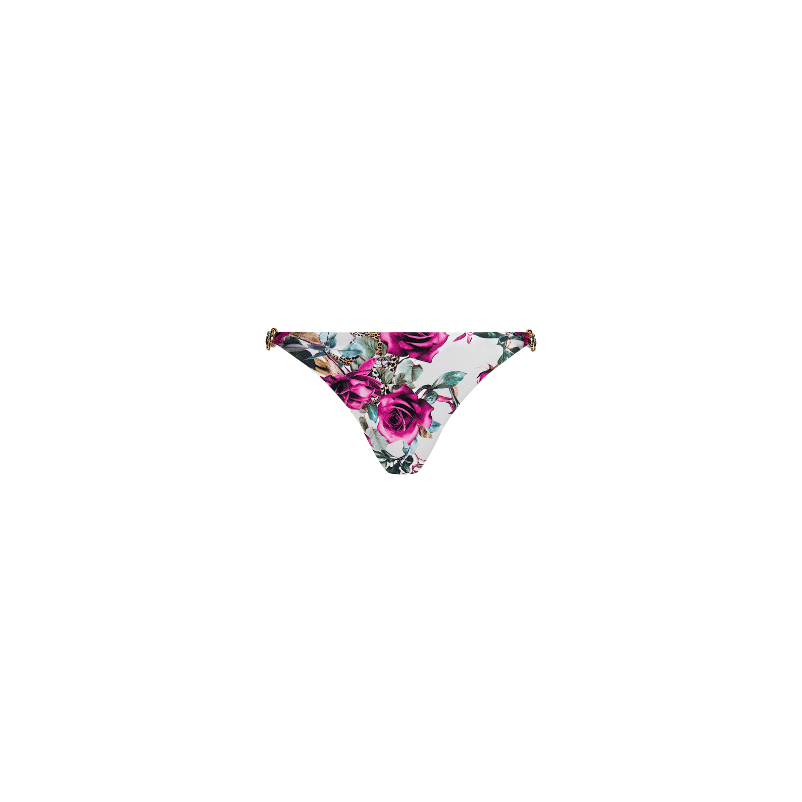 The Violet String Bikini Bottom features pink and purple rose prints with green leaves on a white background, and is designed with thin side straps accented by subtle chain hardware.