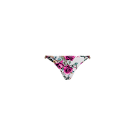 The Violet String Bikini Bottom features pink and purple rose prints with green leaves on a white background, and is designed with thin side straps accented by subtle chain hardware.
