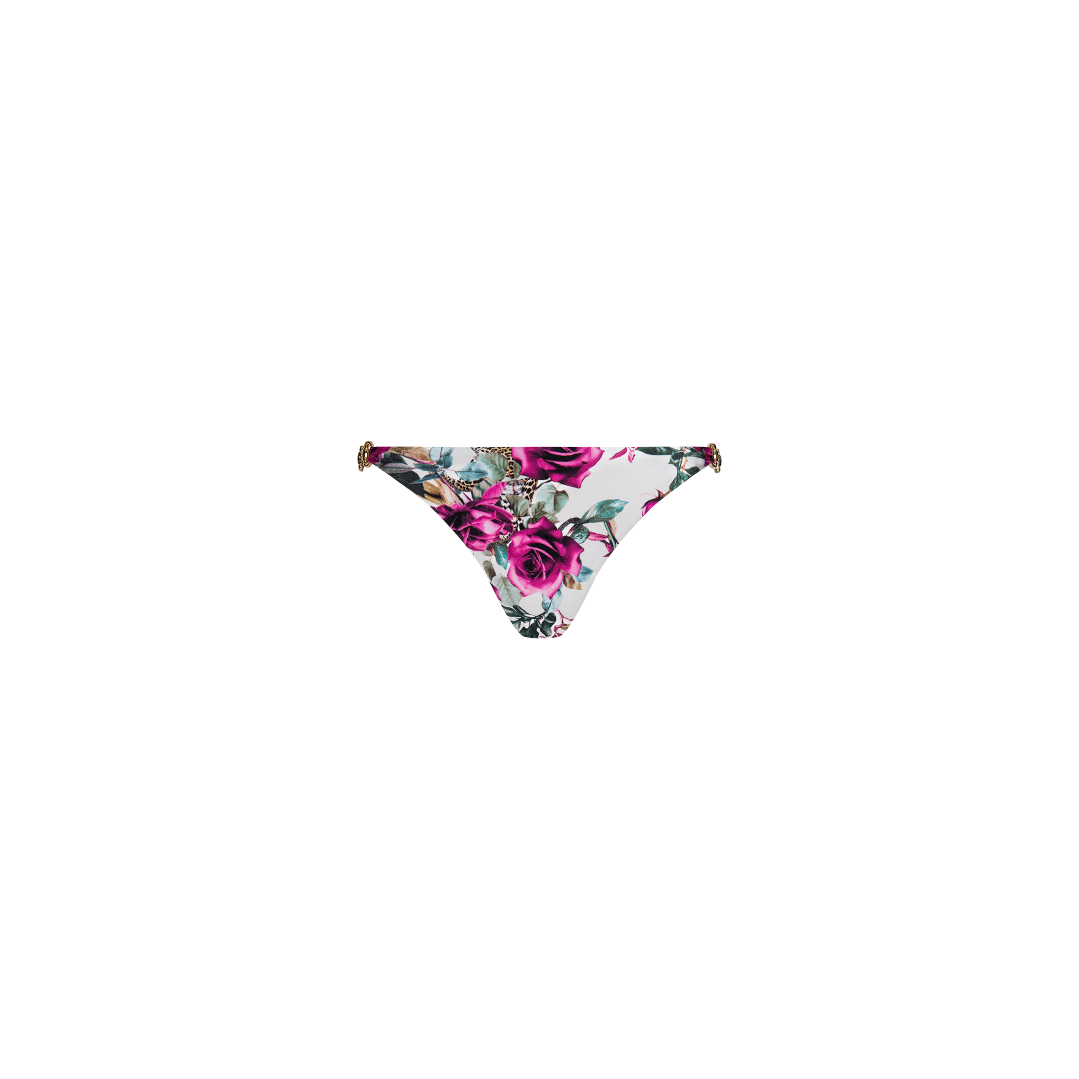 The Violet String Bikini Bottom features pink and purple rose prints with green leaves on a white background, and is designed with thin side straps accented by subtle chain hardware.