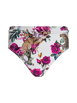 The Vanessa High-Waisted Bikini Bottom features a bold rose leopard print with leopards, pink roses, and green leaves on white, finished with a small decorative buckle on the waistband.