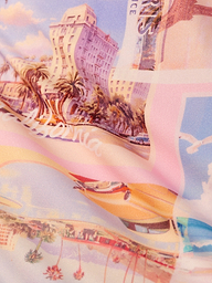 Bright and nostalgic, the Remi One-Piece Swimsuit features a vibrant fabric print of vintage California postcards—palm trees, classic cars, hotels in pastel hues—and chic chain hardware straps for a retro beach vibe.