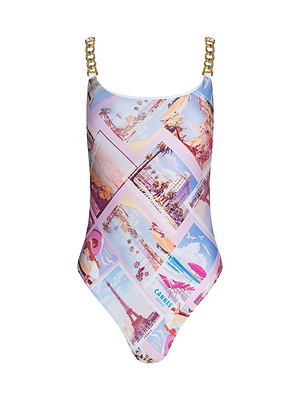 The Remi One-Piece Swimsuit features gold chain straps and a collage print of pastel vintage travel postcards with beaches, palm trees, and city landmarks.