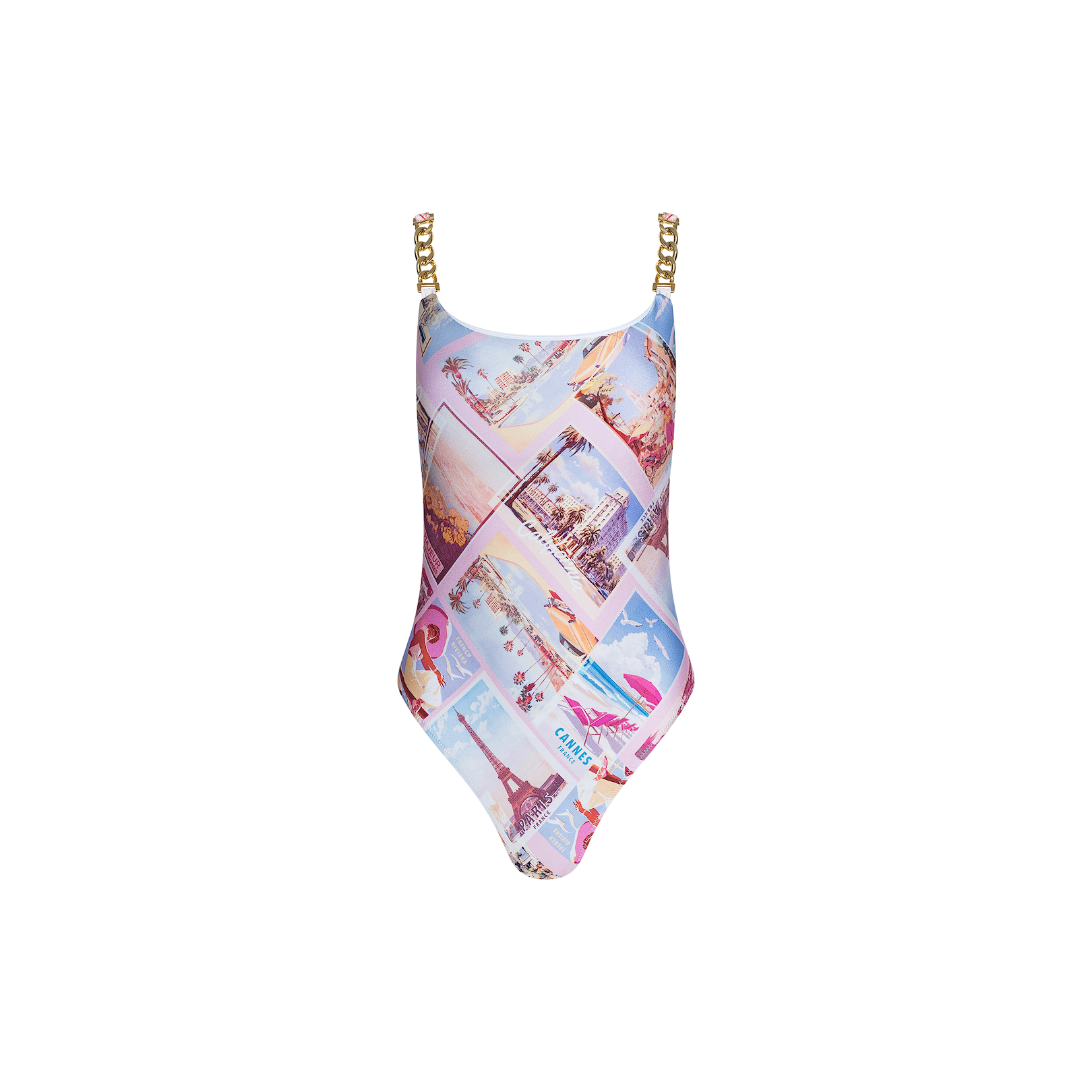 Introducing the Remi One-Piece Swimsuit—this chic maillot features gold chain straps and a vibrant travel postcard print with scenic images and landmarks on a crisp white background. The Remi blends eye-catching style with UPF 50 swimwear protection, making it an ideal choice for sunny escapes.