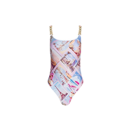 Introducing the Remi One-Piece Swimsuit—this chic maillot features gold chain straps and a vibrant travel postcard print with scenic images and landmarks on a crisp white background. The Remi blends eye-catching style with UPF 50 swimwear protection, making it an ideal choice for sunny escapes.