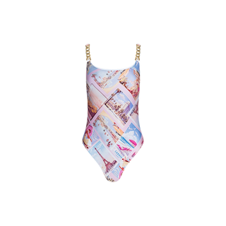 Introducing the Remi One-Piece Swimsuit—this chic maillot features gold chain straps and a vibrant travel postcard print with scenic images and landmarks on a crisp white background. The Remi blends eye-catching style with UPF 50 swimwear protection, making it an ideal choice for sunny escapes.