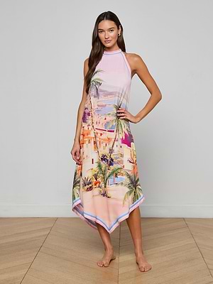 L'AGENCE Elise Cover-Up Dress In Light Pink Multi Postcard Print L'AGENCE Elise Cover-Up Dress In Light Pink Multi Postcard Print