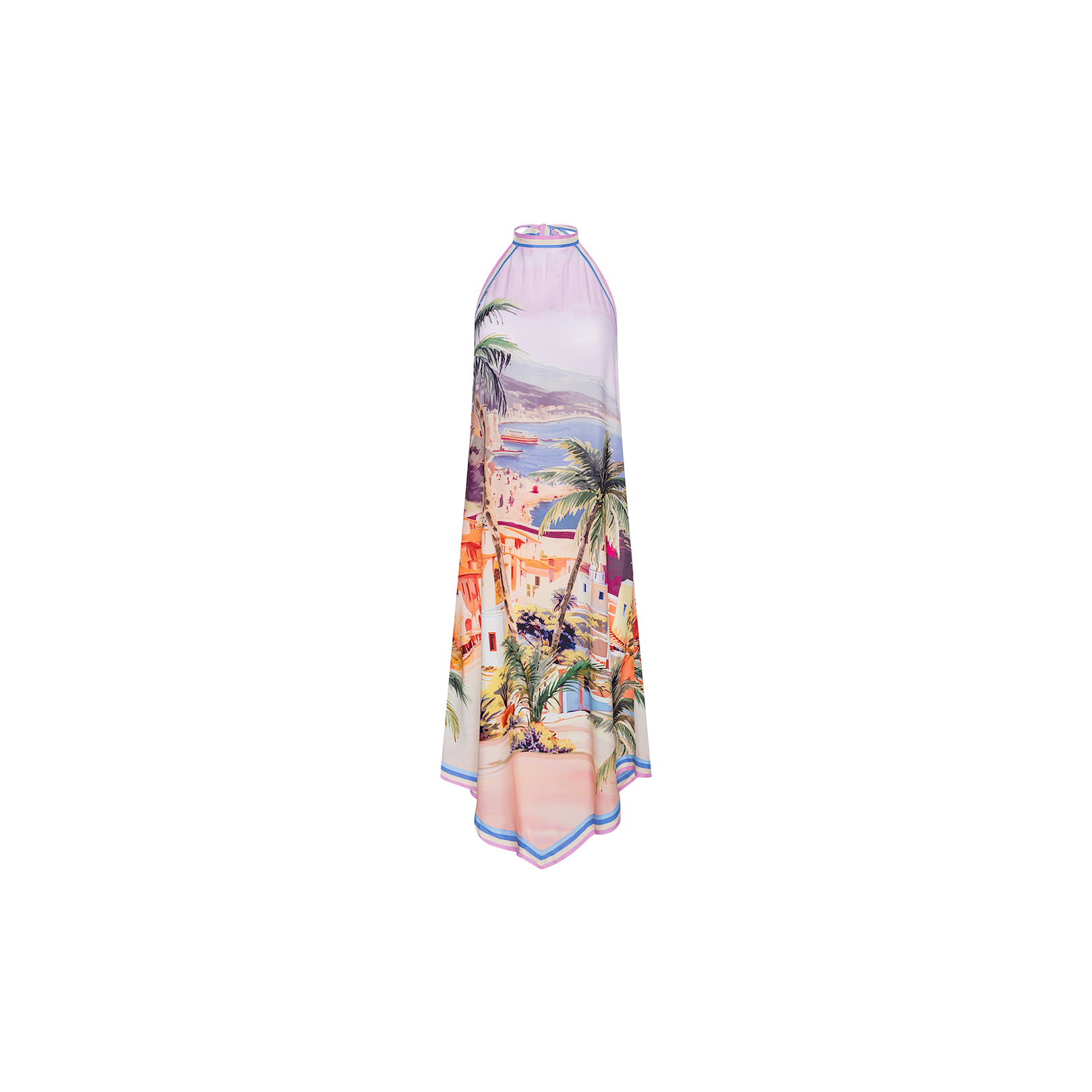 The Elise Cover-Up Dress is a sleeveless halter-neck midi dress made from water-safe crepe, showcasing a vibrant postcard print of a coastal village and palm trees, with a flowing asymmetrical hem, displayed on a plain white background.