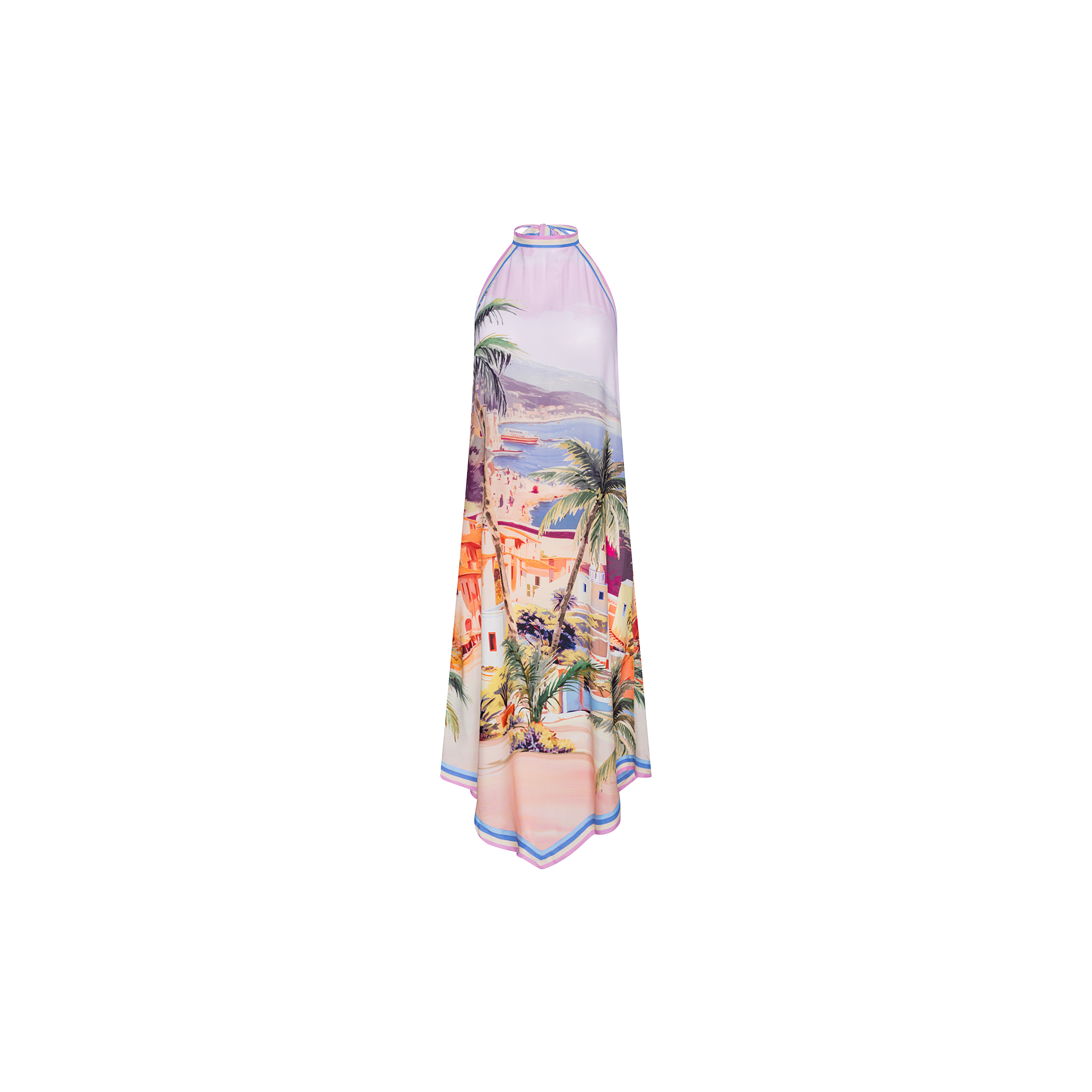 The Elise Cover-Up Dress is a sleeveless halter-neck midi dress made from water-safe crepe, showcasing a vibrant postcard print of a coastal village and palm trees, with a flowing asymmetrical hem, displayed on a plain white background.