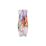The Maribel Cover-Up Pareo is a strapless and colorful piece featuring pastel blue, purple, and peach tones. It has a chest knot and showcases a postcard-inspired beach scene print.