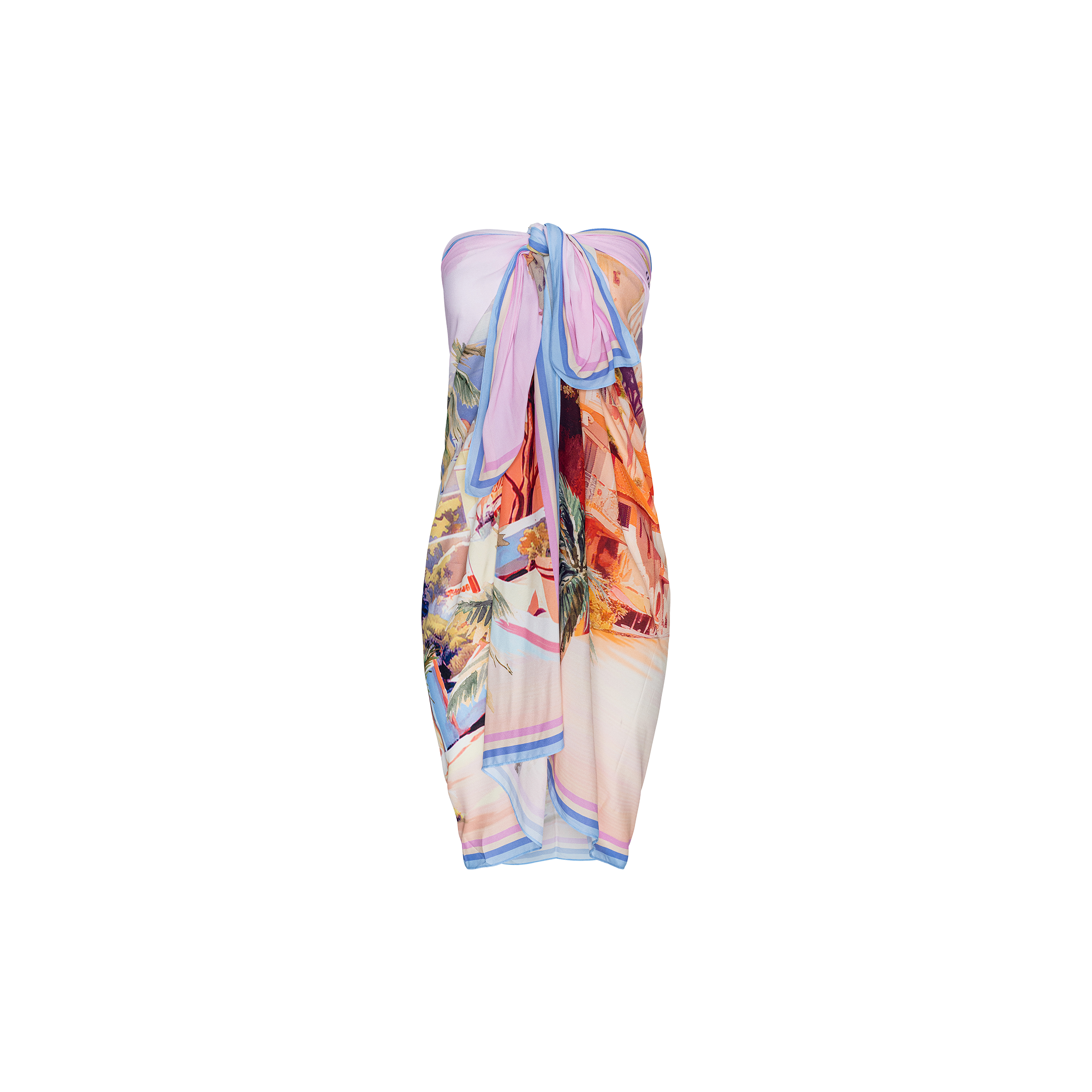 The Maribel Cover-Up Pareo is a strapless and colorful piece featuring pastel blue, purple, and peach tones. It has a chest knot and showcases a postcard-inspired beach scene print.