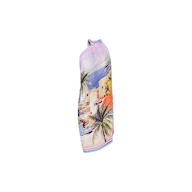 The Maribel Cover-Up Pareo is a sleeveless dress showcasing a postcard print with palm trees, colorful buildings, and a soft gradient background, displayed on a plain white backdrop.