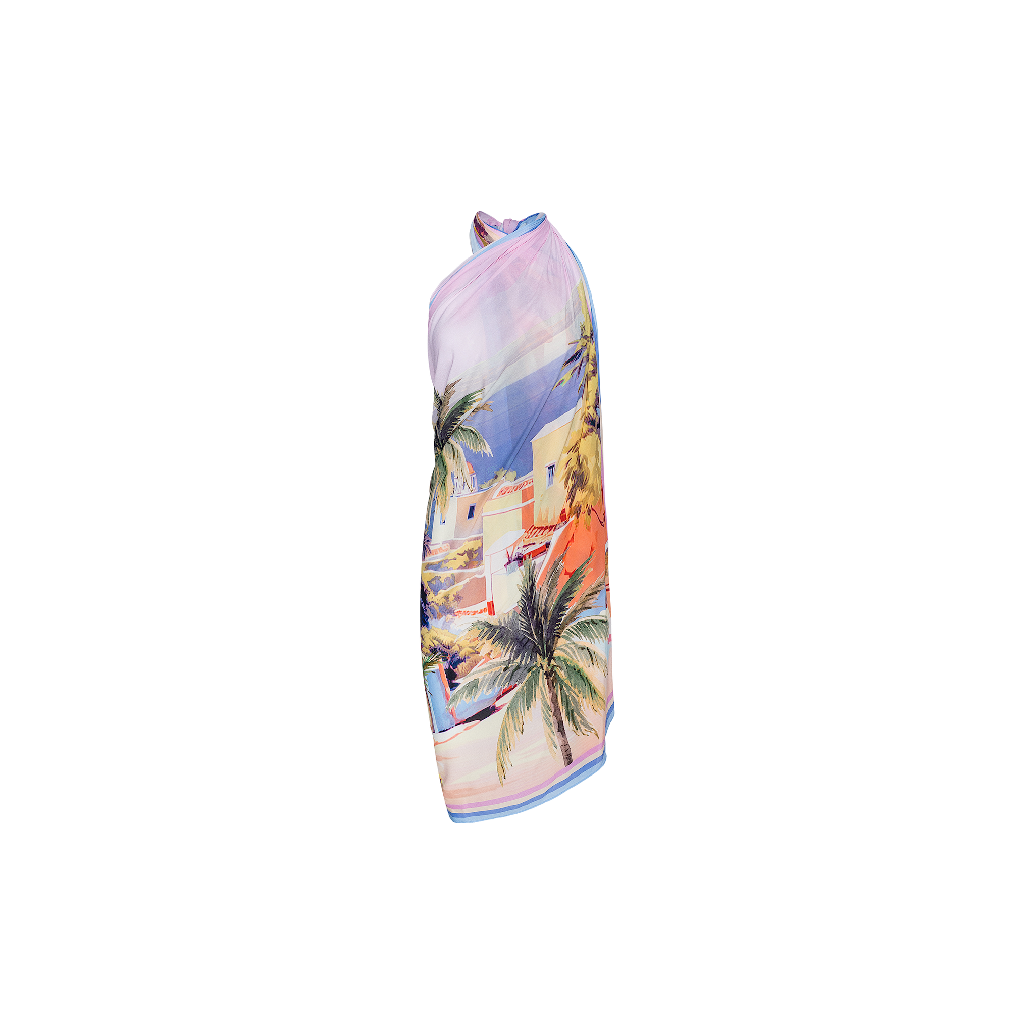 The Maribel Cover-Up Pareo is a sleeveless dress showcasing a postcard print with palm trees, colorful buildings, and a soft gradient background, displayed on a plain white backdrop.