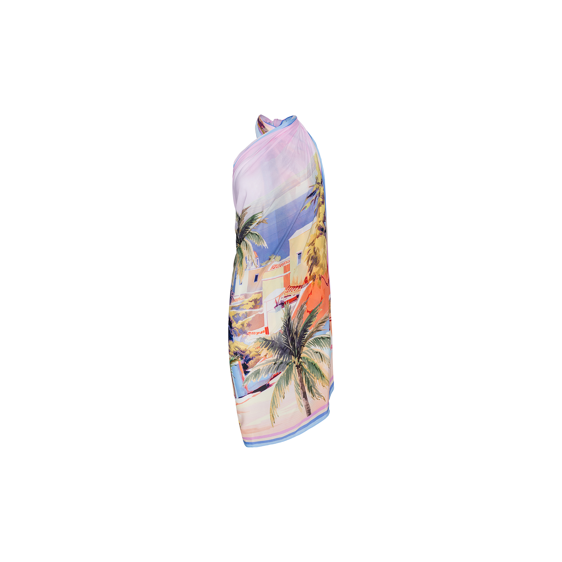 The Maribel Cover-Up Pareo is a sleeveless dress showcasing a postcard print with palm trees, colorful buildings, and a soft gradient background, displayed on a plain white backdrop.