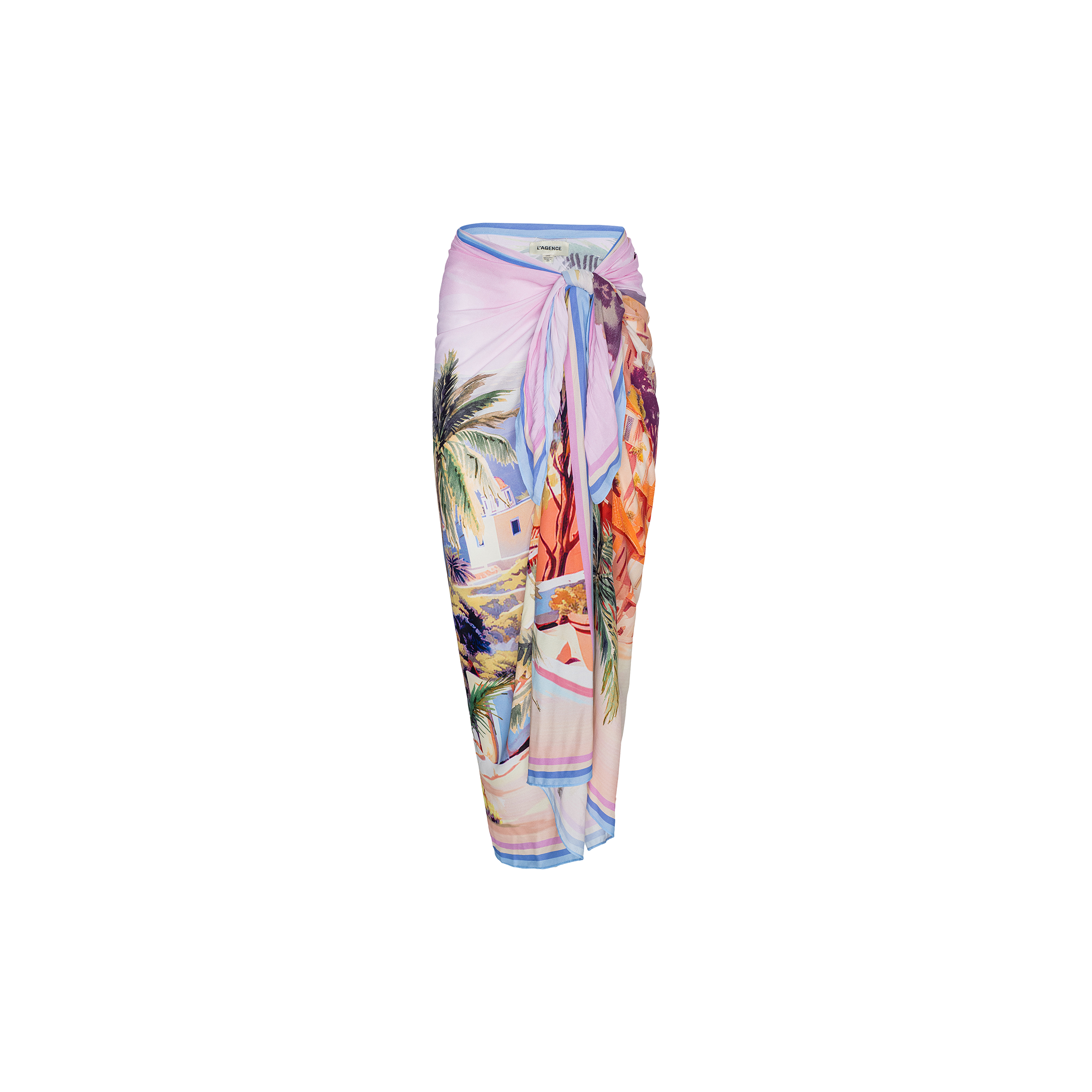 The Maribel Cover-Up Pareo is a colorful sarong skirt adorned with a vibrant tropical postcard print featuring palm trees, buildings, and beach scenes, tied at the waist and displayed against a plain white background.