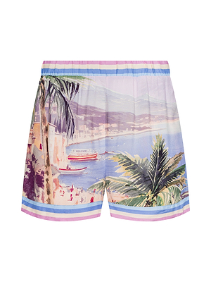 The Enyo Cover-Up Short features a postcard print with palm trees, boats, and mountains beneath a pastel sky. Purple, blue, and pink striped borders add flair—ideal for your next swim collection.