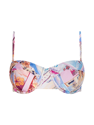 The Alexandria Bikini Top features a vibrant abstract tropical postcard print in pink, blue, yellow, and white, with thin adjustable straps and a colorful balconette silhouette.
