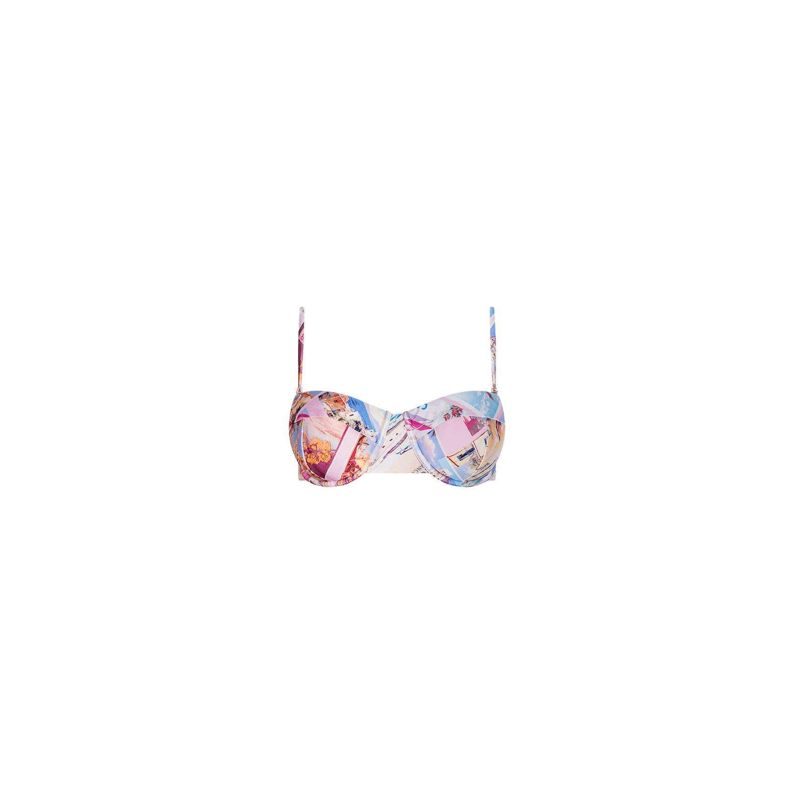 Introducing the Alexandria Bikini Top: a colorful balconette bikini featuring thin adjustable straps and a vibrant, abstract postcard print in shades of pink, orange, and blue on a crisp white background. Enjoy sunny days by the water with added UPF 50 protection.