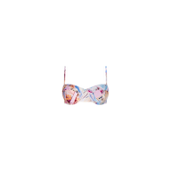 Alexandria Bikini Top: A vibrant balconette bikini top with thin, adjustable straps and a playful postcard print, displayed against a plain white background.