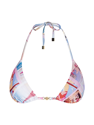 The Kristin Triangle Bikini Top features a vibrant postcard print in pink, blue, and peach, with a halter neck tie and gold-tone hardware at the center. Provides UPF 50 protection for stylish sun-soaked days.