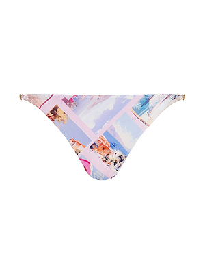 The Violet String Bikini Bottom is pink with a postcard print collage of beach and vacation scenes, featuring UPF 50 protection, string sides, and a low-rise cut.