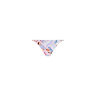The Violet String Bikini Bottom features a pastel postcard print with small illustrations of people, umbrellas, and ocean scenes, shown against a plain white background.
