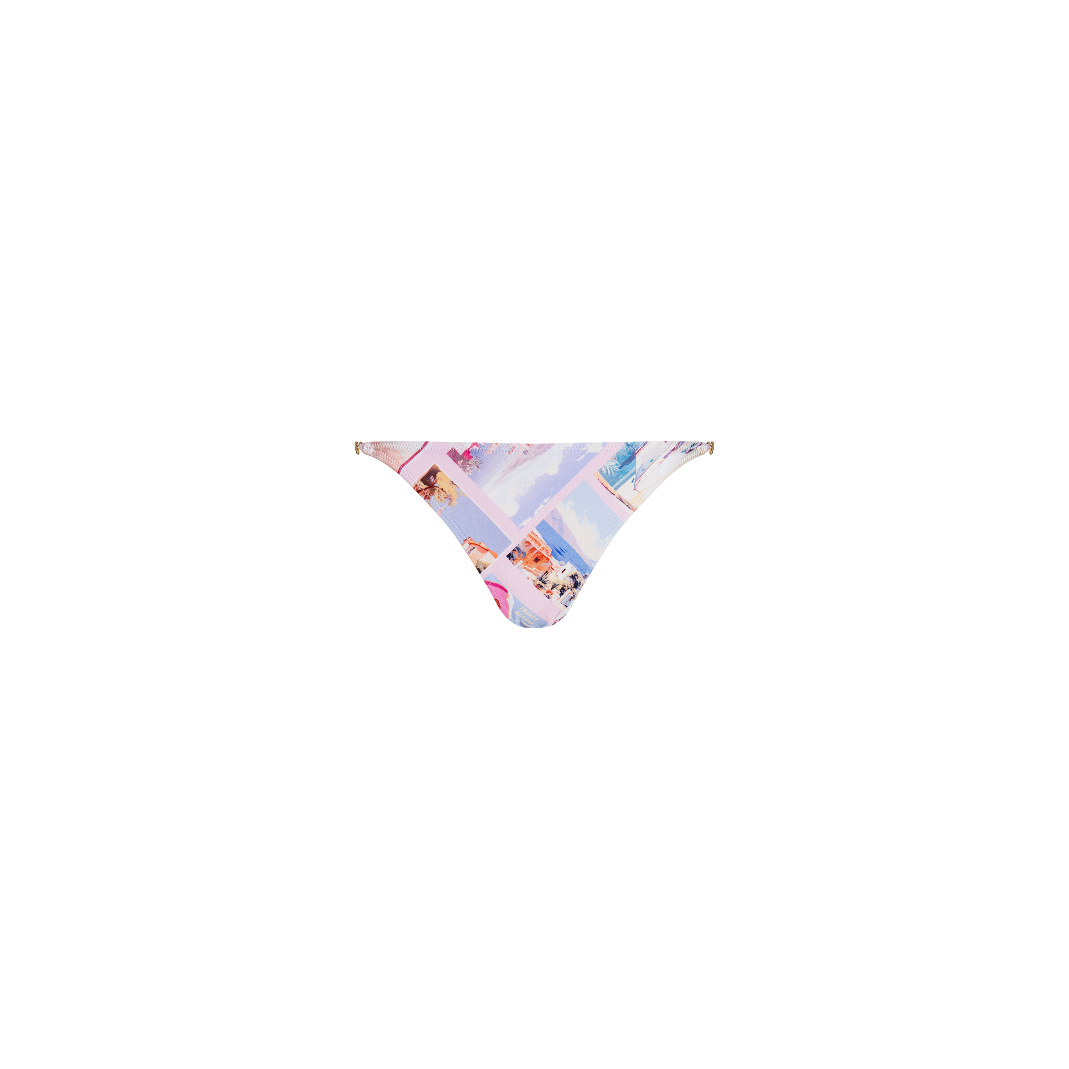 The Violet String Bikini Bottom showcases a pastel postcard print with beach and city scenes, and is presented against a plain white background.