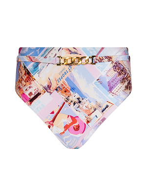 The Vanessa High-Waisted Bikini Bottom features a vibrant postcard collage print with vintage travel scenes, a gold chain detail at the front waistband, and offers UPF 50 sun protection.