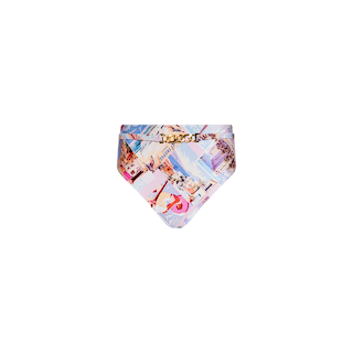 The Vanessa High-Waisted Bikini Bottom features UPF 50 protection, a vibrant scenic postcard print, and a gold chain detail at the waist, shown on a white background.