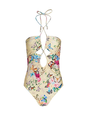 The Shiva One-Piece Swimsuit features a beige base with a vibrant butterfly print, floral design, and stylish keyhole cutouts at the front.