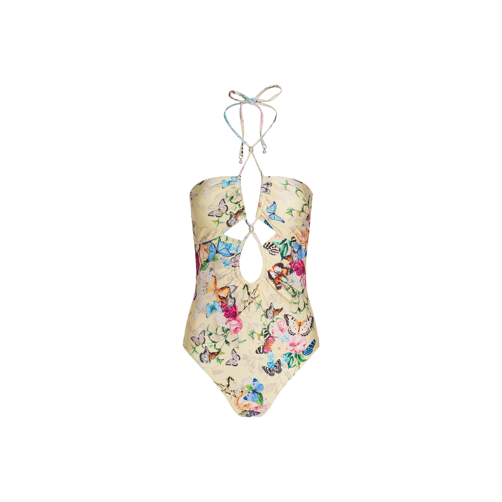 The Shiva One-Piece Swimsuit features a vibrant floral and butterfly print, a central cutout, and halter neck ties with beaded ends. Designed with UPF 50 protection, this stylish one-piece is shown on a white background.