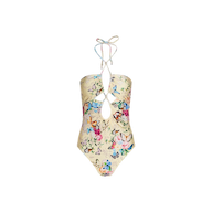 The Shiva One-Piece Swimsuit features a vibrant floral and butterfly print, a central cutout, and halter neck ties with beaded ends. Designed with UPF 50 protection, this stylish one-piece is shown on a white background.