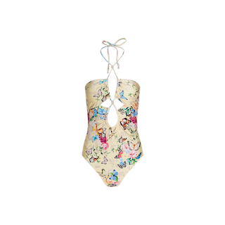 The Shiva One-Piece Swimsuit features a vibrant floral and butterfly print, a central cutout, and halter neck ties with beaded ends. Designed with UPF 50 protection, this stylish one-piece is shown on a white background.