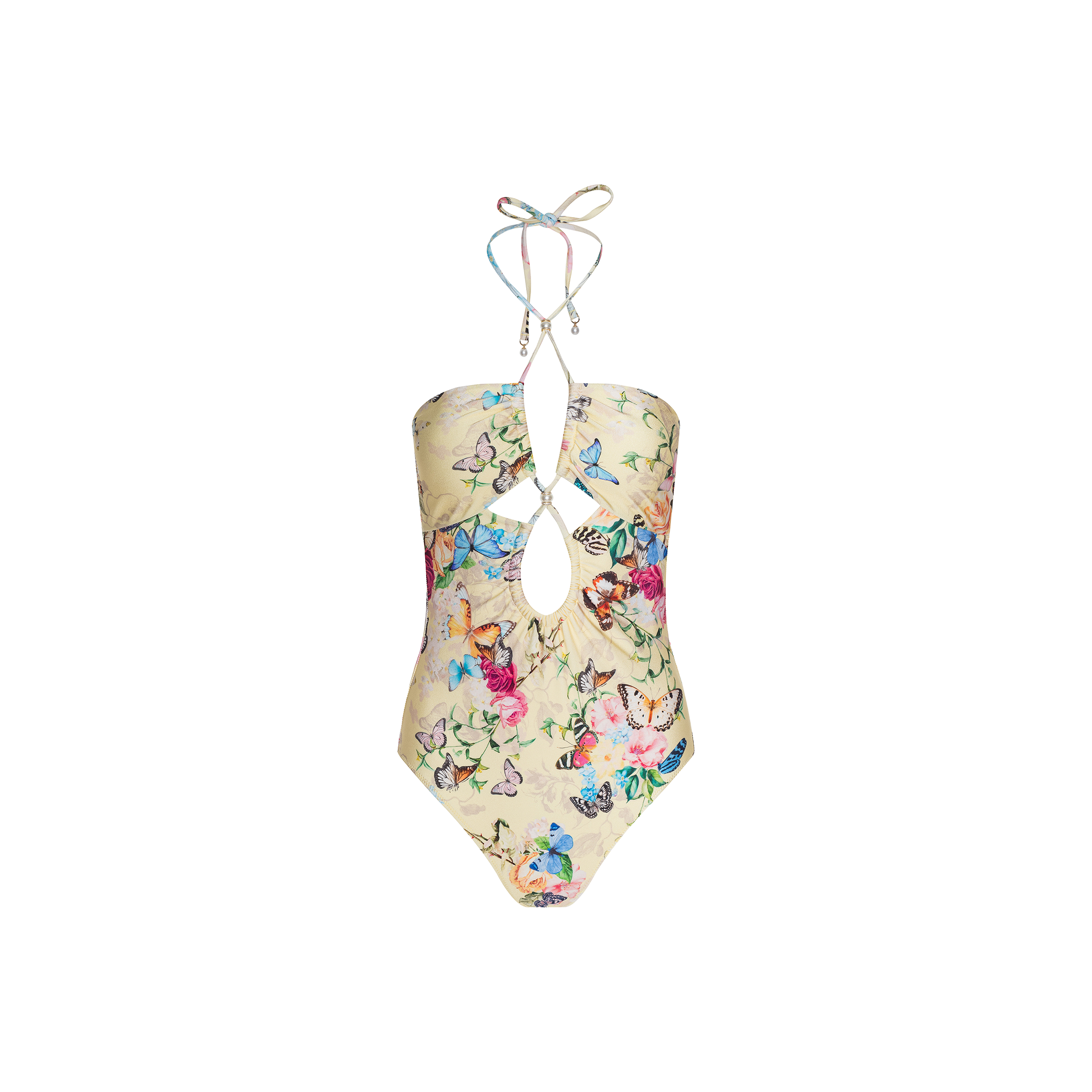 The Shiva One-Piece Swimsuit features a vibrant floral and butterfly print, a central cutout, and halter neck ties with beaded ends. Designed with UPF 50 protection, this stylish one-piece is shown on a white background.
