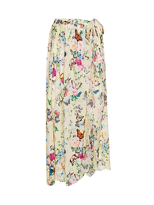 The Klaire Cover-Up Skirt is a light yellow viscose chiffon wrap maxi skirt featuring a colorful floral and butterfly print with a side tie detail.